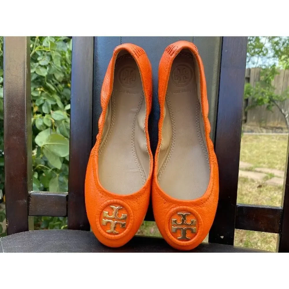 Tory Burch Minnie Travel Ballet Leather Casual Orange Women's US 5 Slip-Ons